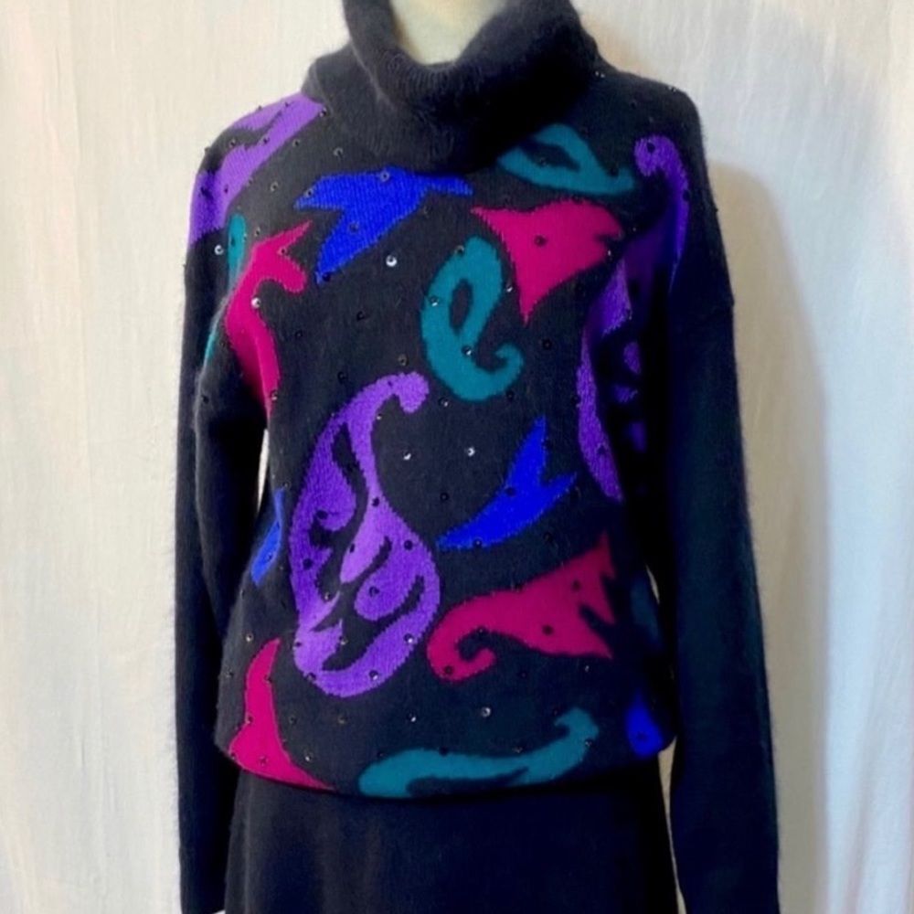 80s Angora Sweater Vintage Abstract Black Geometric Print Size S Mob Wife